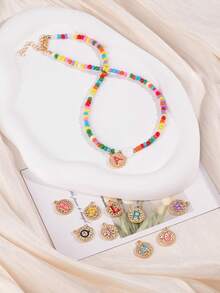 1pc Elegant Teenage Girl Style Gold Stainless Steel 26 Letter Pendant With White Heart Pendant & Colorful Plastic Seed Bead Necklace, Initial Necklace Suitable For Gifts To Girlfriends, Classmates, Friends, Suitable For Street, Travel (Seed Bead Color Random) - Multicolor - View 4