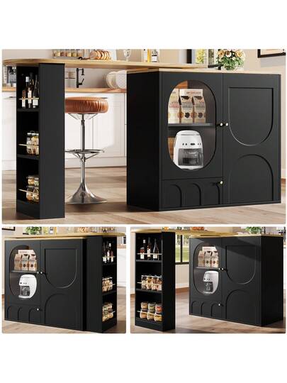 Sairedel Wit 360° Rotating Bar Tafel Storage Space Kitchen Isl 138x39x102cm Doors, Door Shelves Removable Dividers, As Dining Counter view 4