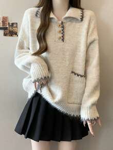 Alicedudu Women's Vintage Minimalist Contrast Color Edge Design Turtleneck Sweater, Autumn/Winter