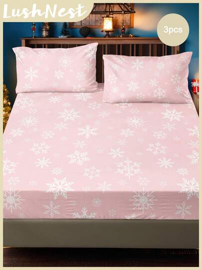 3pcs Polyester Digital Printing Christmas-Themed Bedding Three Pieces Set With White Snowflake Pattern (1 Fitted Sheet+2 Pillowcases Without Core), Suitable For Christmas Decor Home,Christmas Decoration, And Cute Christmas Gift.