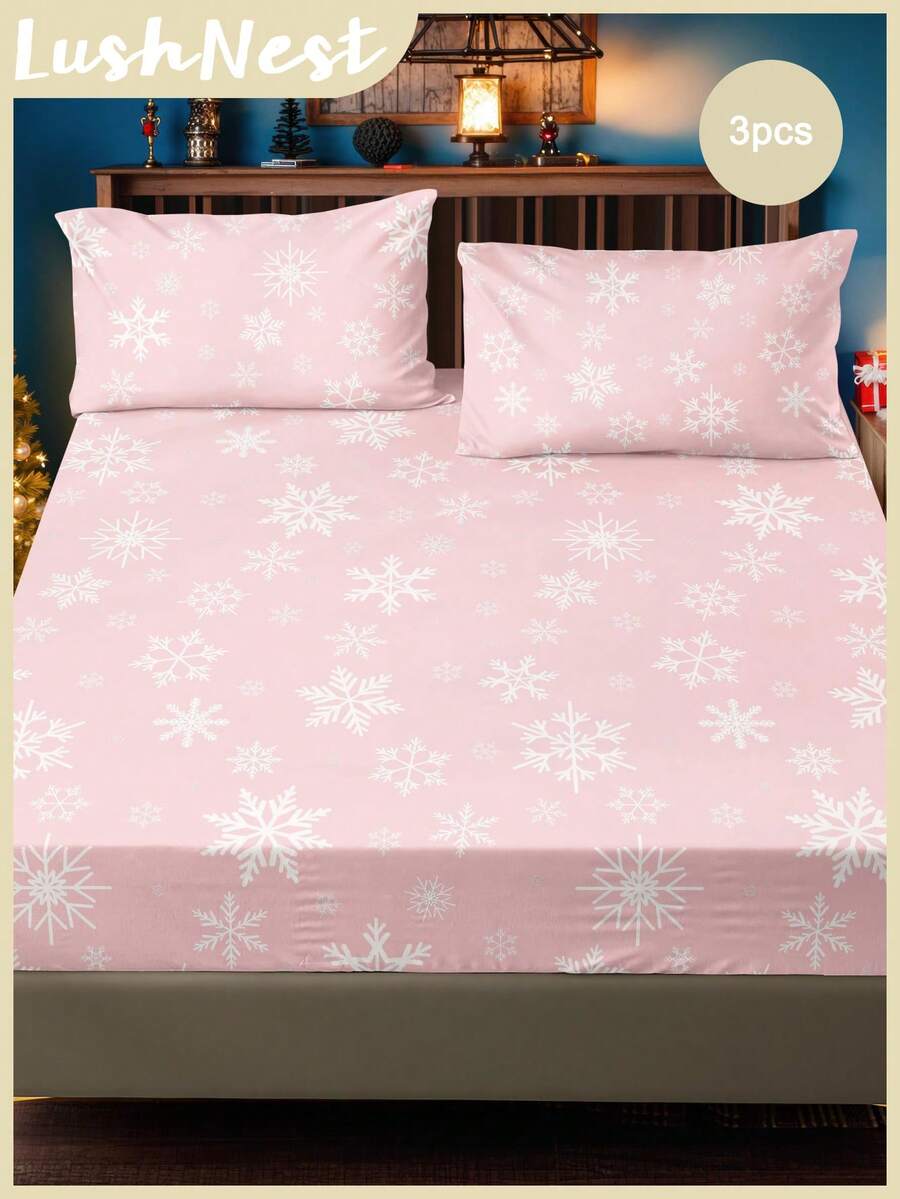 3pcs Polyester Digital Printing Christmas-Themed Bedding Three Pieces Set With White Snowflake Pattern (1 Fitted Sheet+2 Pillowcases Without Core), Suitable For Christmas Decor Home,Christmas Decoration, And Cute Christmas Gift. - Multicolor - View 1
