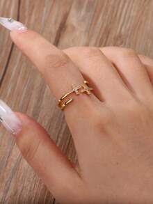 Anéis de aço inoxidável com cruz deslocada de zircônia cúbica minúscula para mulheres, anel ajustável aberto antidesbotamento banhado a ouro 18K, joias com pingente dourado para casamento, acessórios para festas e férias, presentes para ela/mãe/melhores amigas - Aço inoxidável - Ver 3