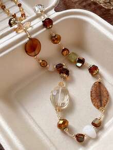 1 chiếc vòng cổ dài đính hạt hình giọt nước phong cách Bohemian cổ điển đa năng dành cho nữ, thích hợp mặc đi tiệc và dự tiệc mùa thu/đông - Màu nâu - Xem 9