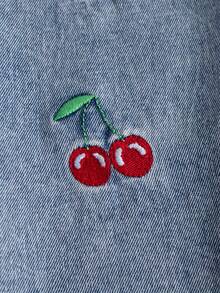 Baby Girls Casual Long Sleeve 2 In 1 Top With Cherry Embroidery And Denim Pants Set