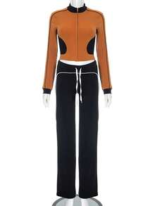 2pcs Women's Fashion Cropped Hoodie Top And Flare Pants Set, With Zipper And Drawstring Details - Brown - View 9