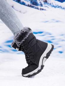 1雙女款高筒雪地靴 冬季新款保暖內裡防寒雪鞋，防滑戶外滑雪靴，中筒防寒靴，秋冬戶外高筒踝靴 女款保暖內裡加厚保暖休閒穿著，防滑雪村旅行黑色滑雪鞋 35-42 - 黑與白 - 查看 5