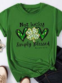 Camiseta Gráfica Elástica de Mujer con Diseño de Corazones verdes, trébol blanco "Not lucky" - Camiseta Casual de Manga Corta y Cuello Redondo, Mezcla Suave de Poliéster, Ajuste Holgado para Atuendo Casual, Camiseta Diaria - Verde - Ver 1
