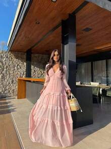 Women's Long Chiffon Dress With Long Sleeves, V-Neck, Ruffled Hem And Lining - Rosa Pálido - Ver 1