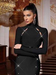 فستان طويل أسود للنساء ذو ياقة عالية مفرغ، فستان زفاف حفلة كرة ، فستان حفلة عيد الميلاد