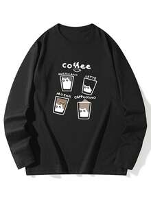 女士宽松卡通印花长袖棉质T恤，百搭春秋装 - 黑色 - 查看 4