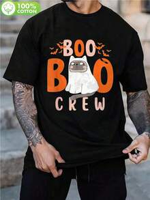 Men's Funny Cat Boo Crew Halloween T-Shirt - 100% Casual Short Sleeve Round Neck Tee With Cute Cat & BOO Crew Graphic, Spooky Orange Lettering For Costume Parties, Casual Attire & Outdoor Activities (Spring Summer Fall) - Machine Washable Comfort Fit, Relaxed H-Style Cut For Couples, Playful Halloween-Themed Design, Ideal For Casual Outings & Hiking, Seasonal Fashion, Comfortable Fit, Breathable Fabric,Nightmare Before Christmas,Christmas,Halloween Costumes,Funny T Shirts,Summer Outfits,Thanksgiving Day,Men Graphic Tees,Streetwear Men - 黑色 - 查看 1