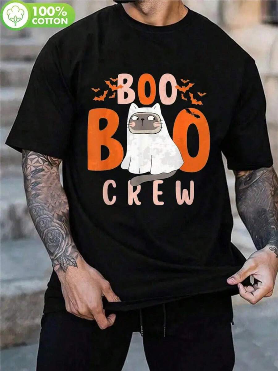 Men's Funny Cat Boo Crew Halloween T-Shirt - 100% Casual Short Sleeve Round Neck Tee With Cute Cat & BOO Crew Graphic, Spooky Orange Lettering For Costume Parties, Casual Attire & Outdoor Activities (Spring Summer Fall) - Machine Washable Comfort Fit, Relaxed H-Style Cut For Couples, Playful Halloween-Themed Design, Ideal For Casual Outings & Hiking, Seasonal Fashion, Comfortable Fit, Breathable Fabric,Nightmare Before Christmas,Christmas,Halloween Costumes,Funny T Shirts,Summer Outfits,Thanksgiving Day,Men Graphic Tees,Streetwear Men - 黑色 - 查看 1