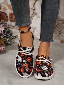 Round Toe Contrast Color Slip-On Halloween Ghost Pumpkin Bat Funny Element Fashion Versatile Lightweight Party Women Cartoon Canvas Shoes - Multicolor - View 7