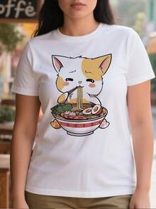 Camiseta Tops casuales de mujer con estampado gato comiendo ramen 220 g de algodón puro grueso y cómodo - Blanco - Ver 1