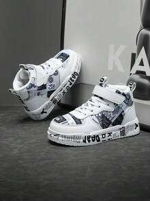 scarpi sportivi sportive per bambini con design a gancio e passante, combinazione casuale di nero e bianco, comode per camminare, andare a scuola, giocare all'aperto, con tomaia alta, versatili, scarpe da corsa