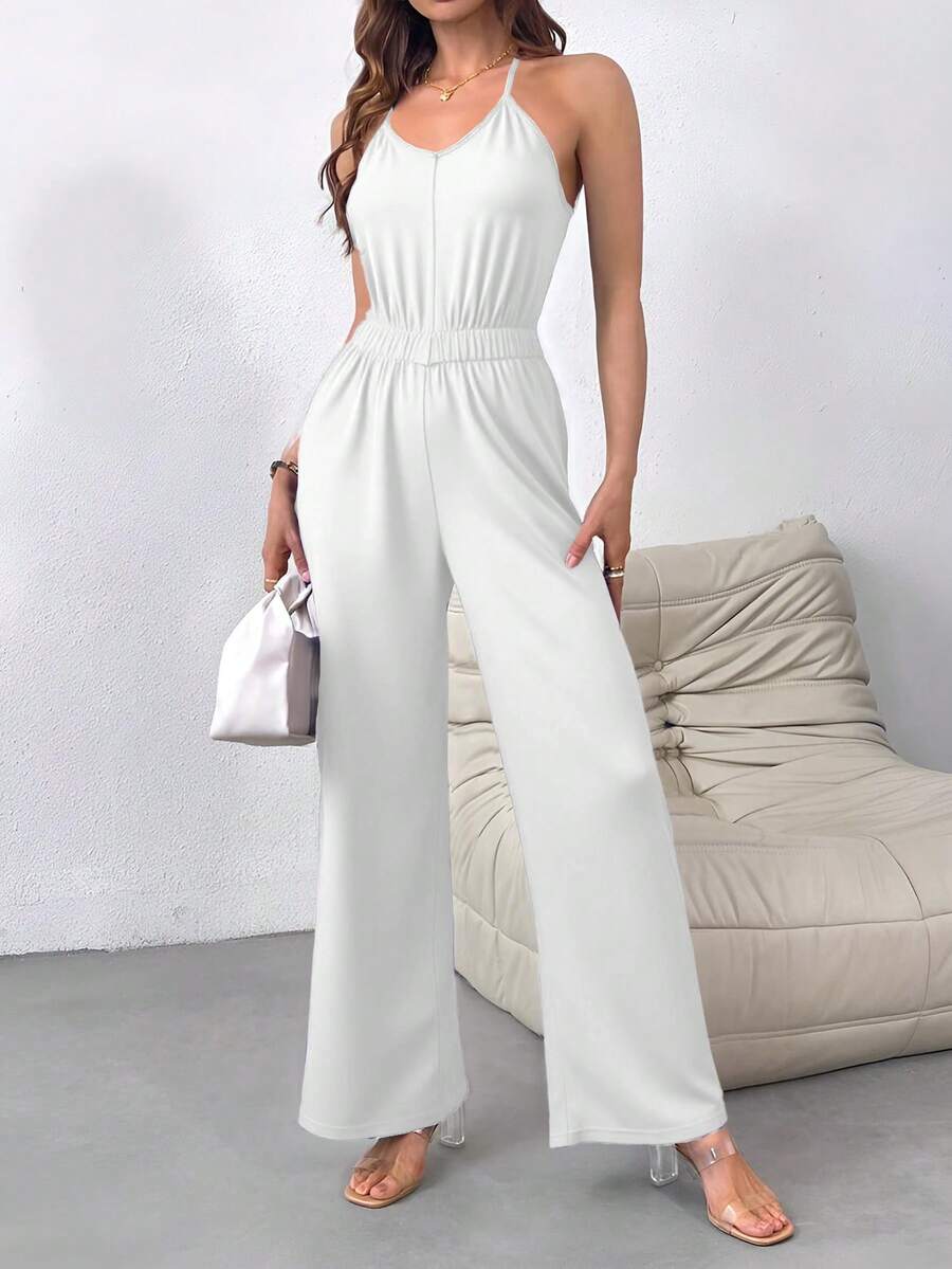 Conjunto De Mujer De Color Sólido Con Cintura Elástica Y Pierna Ancha Estilo Trabajo Largo - Blanco - Ver 1