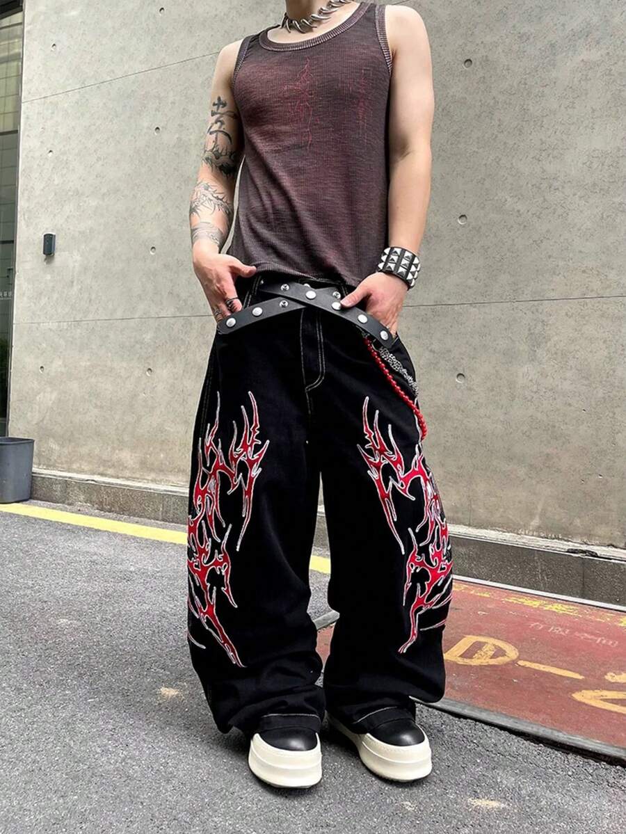1 chiếc quần jeans nam ống rộng dáng suông, thương hiệu thời trang đường phố Mỹ, họa tiết thêu, kiểu dáng đa năng (Không bao gồm thắt lưng và phụ kiện) - màu đen - Xem 1