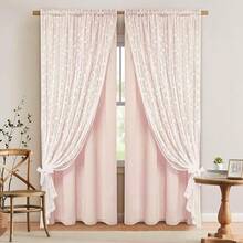 Linen Pink Curtains For Bedroom, Double Layered Curtain 84 Inch Length 2 Panels Set, Farmhouse Rod Pocket Curtains & Drapes With Tiebacks, Light Filtering Curtain For Living Room, 52 X 84 Inch - 粉紅52寬x84公升2包 - 查看 1