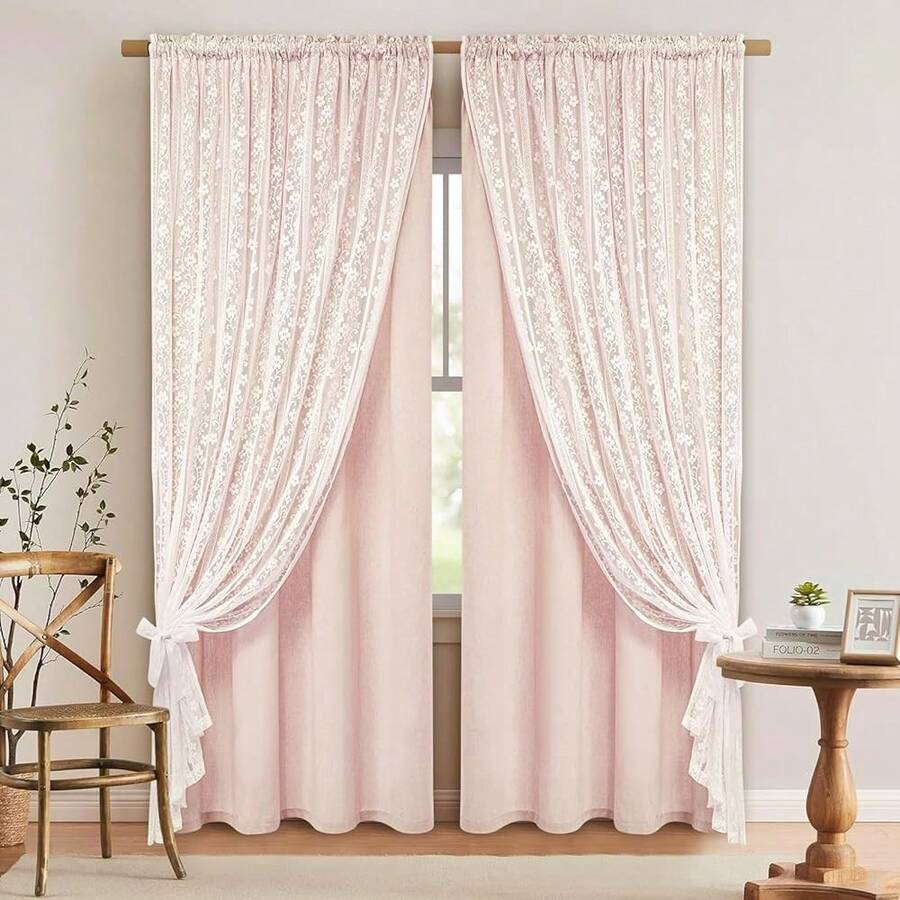 Linen Pink Curtains For Bedroom, Double Layered Curtain 84 Inch Length 2 Panels Set, Farmhouse Rod Pocket Curtains & Drapes With Tiebacks, Light Filtering Curtain For Living Room, 52 X 84 Inch - 粉紅52寬x84公升2包 - 查看 1