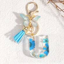 Fashionable Butterfly Tassel Flower Initial Keychain For Girl And Ladies, Blue Cute Dry Flower Dandelion Letter Key Chain, Backpack/Handbag Decoration Gift Bag Accessories Lanyards With Id Holder Car Accessories Bag Charms Christmas Car Accessories Teacher Friend Sister Gift Ideas