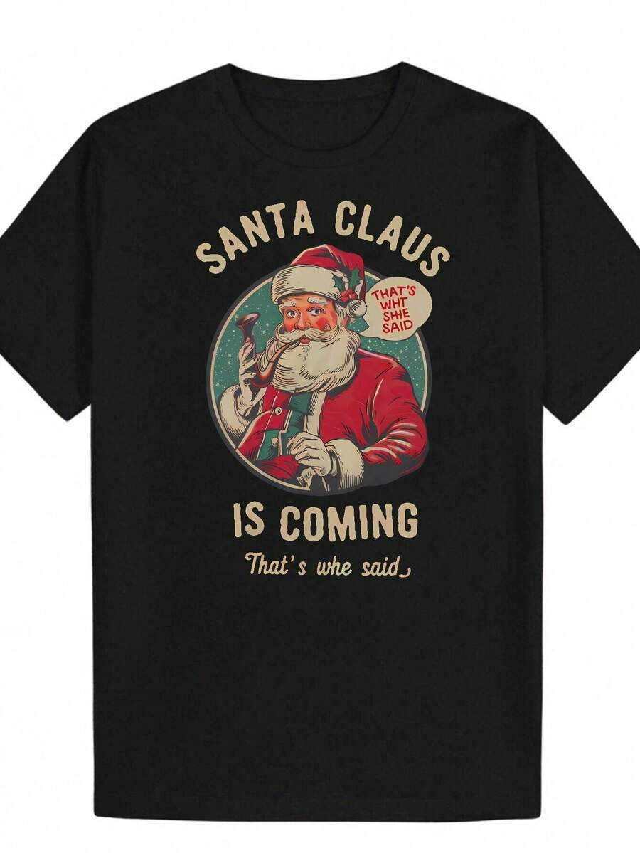 Camiseta clásica de Navidad para hombres - Divertida y elegante camiseta de verano con estampado vintage de Santa, poliéster transpirable, lavable a máquina - Para celebraciones de Navidad y fiestas de verano - Regalo perfecto para hombres y entusiastas de las fiestas - Ropa casual - Negro - Ver 1
