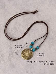 1pc Vintage Wooden Bead & Geometric Metal Chain Necklace, Long Sweater Chain For Women - Blue Wooden Beads + Bronze Zodiac Plaques - View 3