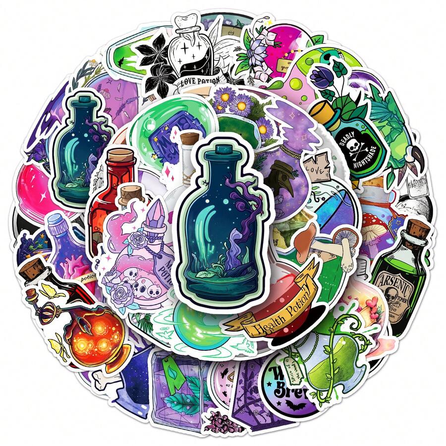 50 piezas Pegatinas de pociones misteriosas de magia oscura con diseños de dibujos animados y graffiti para cuadernos, patinetas