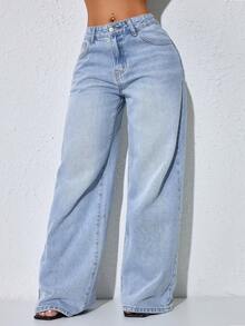 Quần jeans nữ ống rộng cạp thấp màu xanh dương rách nhẹ, túi xéo, gấu cong, kiểu dáng thường ngày, thích hợp cho mùa xuân. - Màu xanh lam - Xem 6