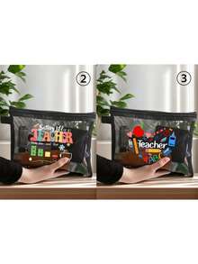 教师答谢礼物网眼大容量便携式化妆包，印有“老师”字样，玫瑰红色亚麻零钱包，化妆包，有衬里，无封口 - 非常适合教育工作者和学校工作人员，教师答谢礼物，时尚休闲配饰，适合外出、度假、日常通勤，化妆包，适合假日海滩、浴室收藏、卧室收藏，大容量 - 黑色 - 查看 22