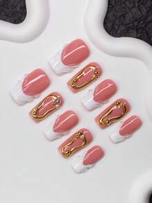 10pcs Square Shaped Handmade Nail Tips, Y2K Baddie Style, Nude & White Color With French Tips, Steel Beads, Asymmetrical Liquid Metal Element Design, Handcrafted Nail Decor Suitable For Women & Girls, Party, Dance, Daily Wear, Includes Tool Kit, Great Gift For Ladies