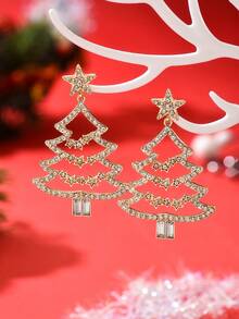 1 Pair Christmas Series Earrings, Fashionable & Unique Holiday Style Christmas Tree Rhinestone Dangle Earrings, Suitable For Holiday Parties