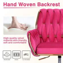 Velvet Modern Home Office Vanity Chair, 360° Swivel Adjustable Height Makeup Desk Chair With Golden Base And Hand Woven Backrest For Bedroom/Study/Vanity - 玫紅色 - 查看 6