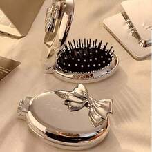 1pc Bow Knot Foldable Travel Comb With Mirror, Wet & Dry Use, Portable For Travel, Hair Brush, Comb, Hair Tools, Hair Products And Accessories For Barber Salon Beauty Travel Essentials - Nude - View 3