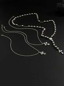 3pcs/Set Vintage Multilayer Cross Pendant Necklace Set, Fashionable Y-Shaped Necklace, Hip-Hop, Versatile, Minimalist, Bead Chain Necklace For Men/Women, Fashion Jewelry