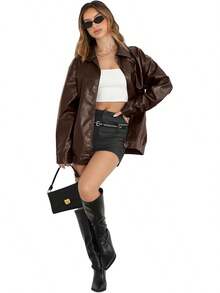 Womens Leather Jackets Faux Suede Oversized Fall Motorcycle Coats Fashion Winter Outfits Y2K Tops BPVW - 棕色 - 查看 8