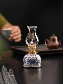 1 件可调节灯芯户外露营燃料灯、家用油灯、室内陶瓷蓝白花油灯、带灯芯的煤油灯、带火控旋钮的油灯/飓风灯 - 彩色 - 查看 10