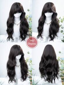 alicegarden 1 Synthetic Heat-Resistant Wig With Bangs, Black Long Rolled Wig, 28 Feet Long, Made Of Fiber, Suitable For Daily Use, Natural Simulation Wig