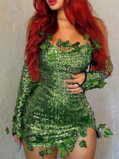 Women Halloween Deluxe Green Ivy Cosplay Costume Sleeveless Fake Leaves Sequin Fairy Dress With Gloves Headband Halloween Costume Set
