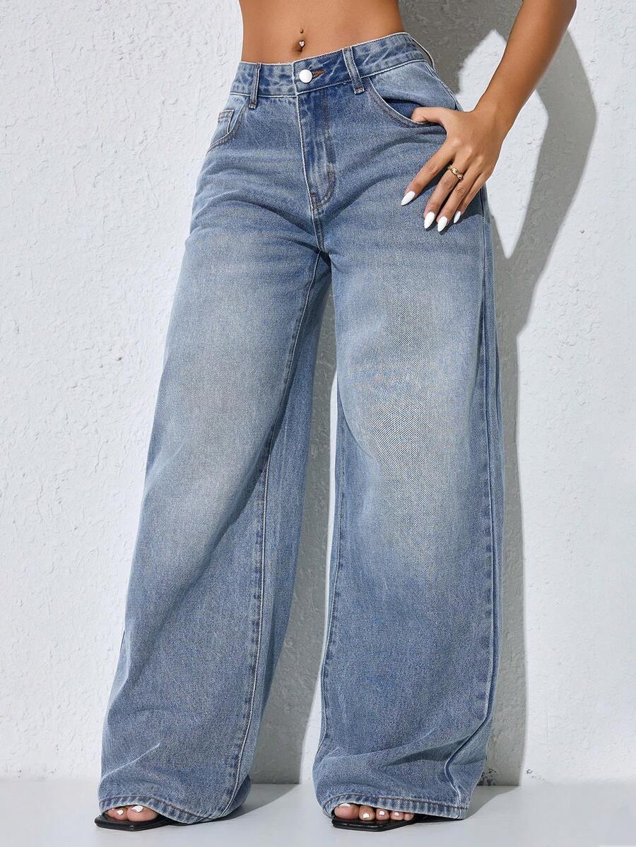 Jeans casuales de mujer de cintura baja, pierna ancha, bolsillos sesgados curvos, color azul, ropa de otoño