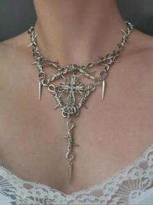 1pc Punk Layered Metal Cross Chain Necklace, Fashion Jewelry Gift For Women, Party Accessory - Black - View 1