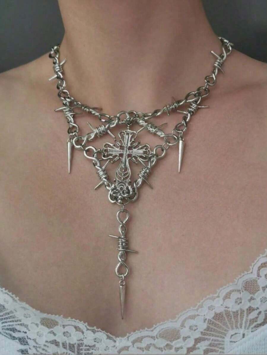 1pc Punk Layered Metal Cross Chain Necklace, Fashion Jewelry Gift For Women, Party Accessory - 黑色 - 查看 1