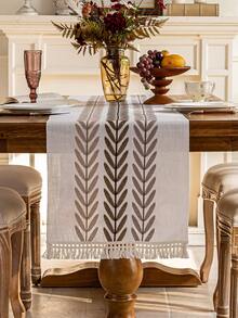 1pc Embroidered Table Runner With Tassels, Decorative For Dining Table, Living Room, Parties, Washable And Reusable, Multiple Sizes Available - Brown - View 7