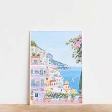 1pc, Canvas Framed Wall Art, Positano Coast Artwork, Pink Villa Decorative Painting, Mediterranean Style Decor, Italian Coastal Scenery, Folk Art Style, Spring Wall Art, Fashionable Home Decor, Room Decor, Bedroom Decor, Dormitory Decor, Living Room Decor