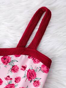 Tween Girl New Knitted Decorative Long Sleeve Cardigan Sweater + Rose Digital Print Waist Cinched Long Slip Dress 2 Pieces Set, Vintage Chic Countryside Sweet Style, Autumn/Winter - Red - View 4