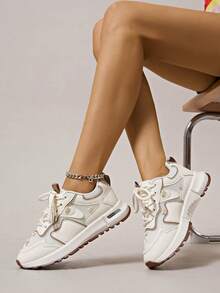 1 Pair Women's Mesh Casual Sneakers, Beige Color, Outdoor Lace-Up Round Toe Comfortable Athleisure Shoes, Versatile And Breathable Chunky Sneakers, All Season - Beige - View 6