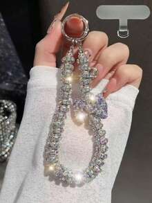 Colgante de llavero con oso/lazo de nudo con strass premium, cadena versátil anti-caída, decoración asimétrica de lazo de perla falsa, adecuado para teléfono, viaje al aire libre, compras, cordón anti-pérdida, correa de funda de teléfono de moda