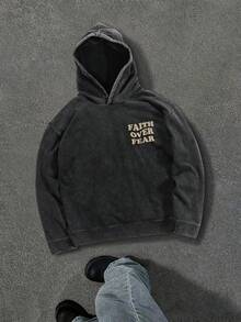 Sudadera con capucha casual de hombre para otoño con gráfico eslogan desgastado, para salir, de manga larga, ideal como regalo para amigos, esposo, o novio - Negro - Ver 2