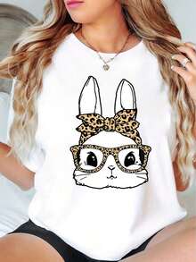 Women's Cute Bunny Graphic T-Shirt - Black with Le