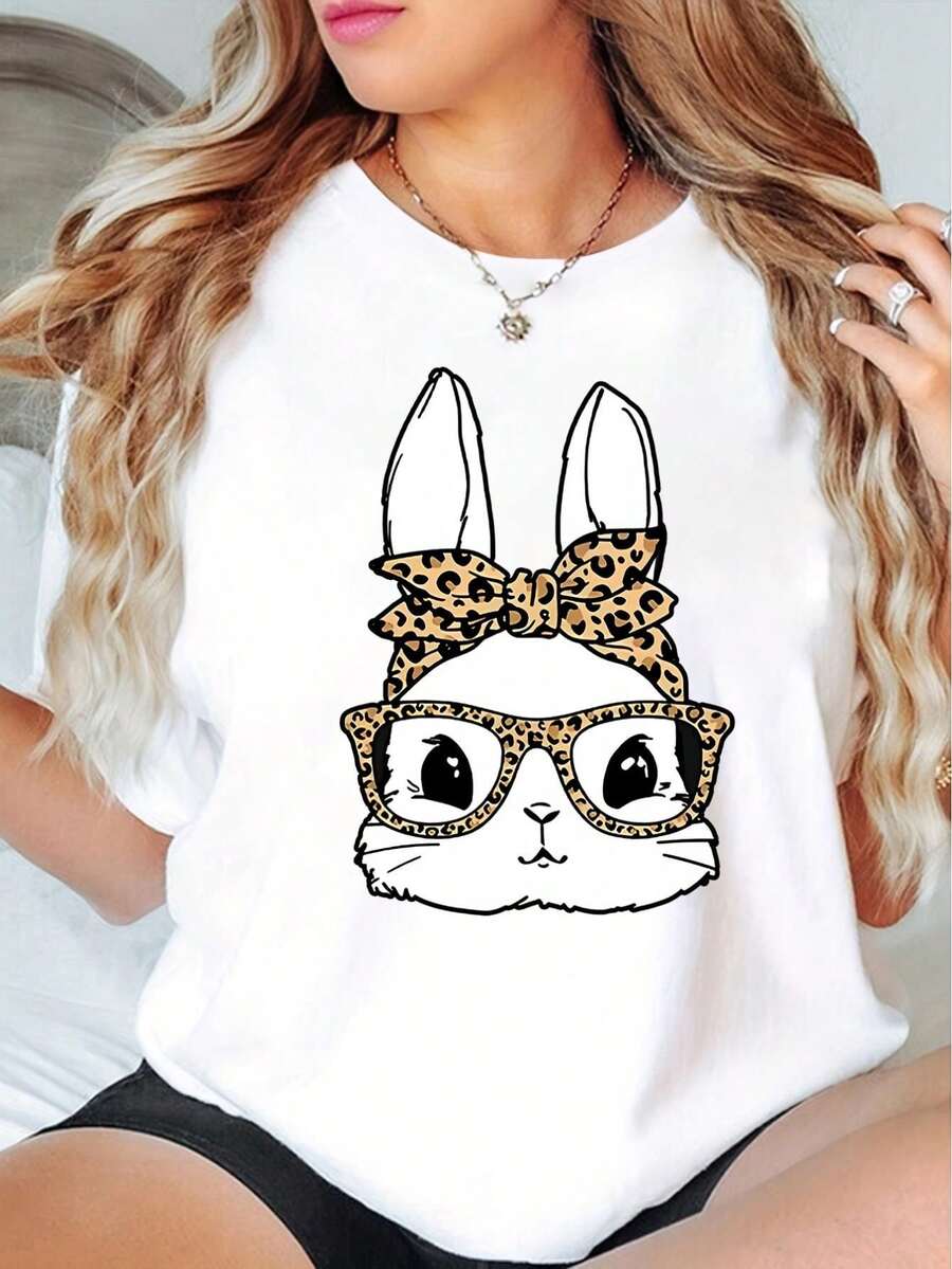 Women's Cute Bunny Graphic T-Shirt - Black with Le