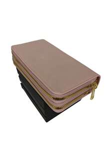 Women's Wallet With 2 Zippered Compartments, Hand Strap, Elegant Card Holder, Fashion Insurance, Assorted Logo Plate - 深粉 - 查看 3